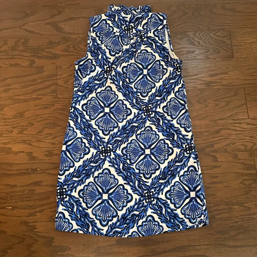 Southern Frock Blue White Sleeveless Ruffle Neck Shift Dress Size Small
